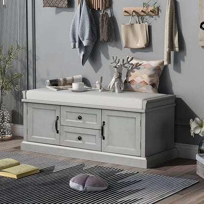 Entryway Storage Bench with Drawers & Cabinets — Cushioned Shoe Storage Bench for Hallway, Mudroom, or Living Room, Solid Wood Frame (Gray Wash)
