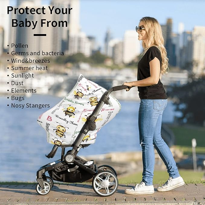 Personalized Baby Car Seat Cover with Name Stroller Canopy Custom Bee Carseat Cover Newborn Baby Boy Girl Nursing Cover for Moms First Birthday Gift
