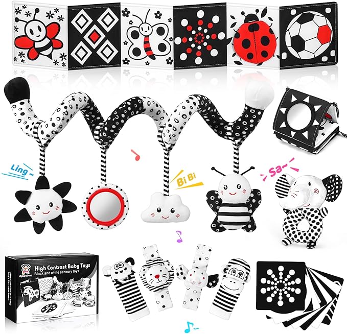 Newborn Toys,High Contrast Black & White Baby Toys 0-6 Months with Sensory Cards & Rattle, Essential for Brain Development, Tummy Time & Car Seat Toys for 0 2 4 6 Month Old