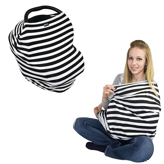 JLIKA Baby Car Seat Covers - Stretchy Infant Canopy and Nursing cover for breastfeeding newborns infants babies girls boys best shower gift maternity apron infinity scarf carseats! (Coral/Navy Stripe)