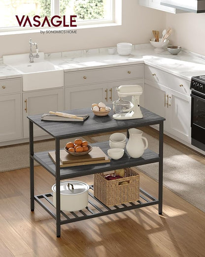 VASAGLE Kitchen Island with 3 Shelves, 39.4 Inches Width Kitchen Shelf with Large Worktop, Stable Steel Structure, Industrial, Easy to Assemble, Ebonised Oak and Black UKKI005B42