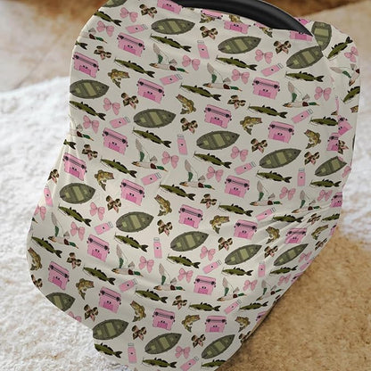 Pink Fishing Hunting Girly Baby Car Seat Covers Boats Bass Fish Duck Bows Stretchy 5-in-1 Cover Adjustable Car Canopy Cover Summer Lake Country Fishing Breathable Nursing Cover-Up