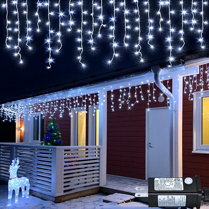 White Christmas Lights Outdoor - 33ft 400 LED Icicle Lights for Outside House, Twinkle Outside Lights Plug in 8 Modes Timer Waterproof for Patio Window Holiday Wedding Party Pathway Indoor Decorations