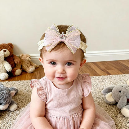 Baby Girls Hairbands Bow Lace Headband Handmade Soft Stretchy Pink Bowknot Hairbands Newborn Hairband with Bows Elastic Hair Bands for Kids Infant (Light Pink Bow)