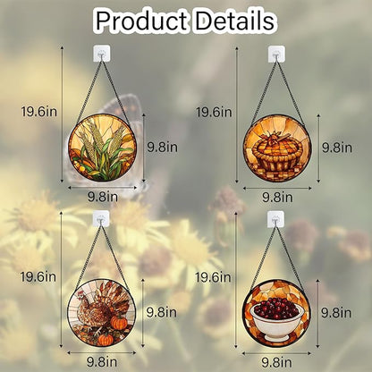 Stained Glass Window Hanging 4 Pcs Set Brown Turkey Berry Corn 9.8" - Suncatcher Door Garden Sun Catcher Decor Birthday Thanksgiving Mother's Day for Mom Woman Nana Men