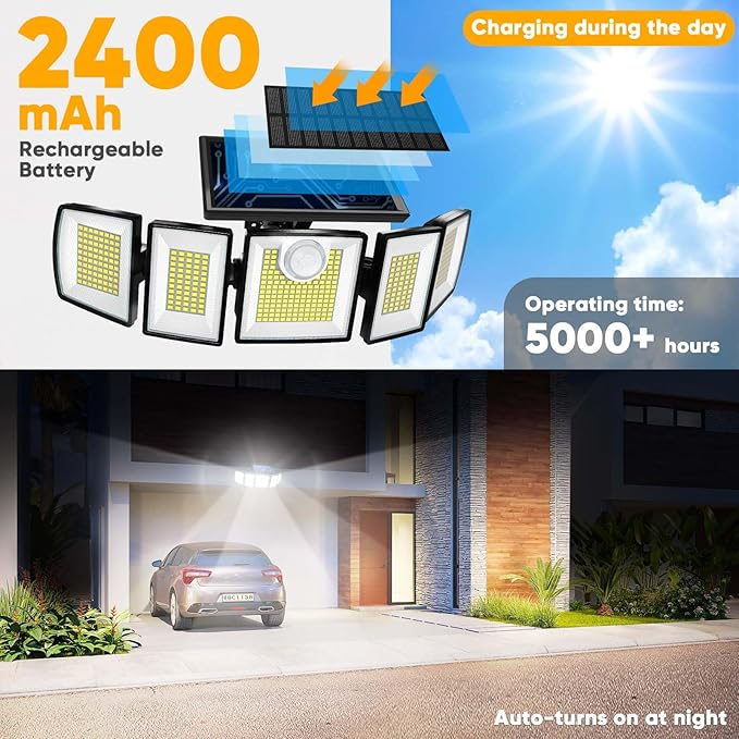 MDCMDCM Outdoor Solar Light Motion Sensor Waterproof - 3000 Lumens 3 Modes 416 LEDs 32ft 2400mAh 5 Heads Security Lights Flood Lights with Remote for Patio Yard Pool Outside （Wireless, 3p）