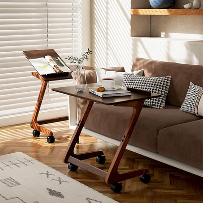 TV Tray Table with Casters, Solid Rubberwood End Tables, Sofa Side Table Couch Table Laptop Desk Removable Snack Tray for Coffee Bed Sofa Eating Writing Reading Living Room Bedroom, Dark Walnut