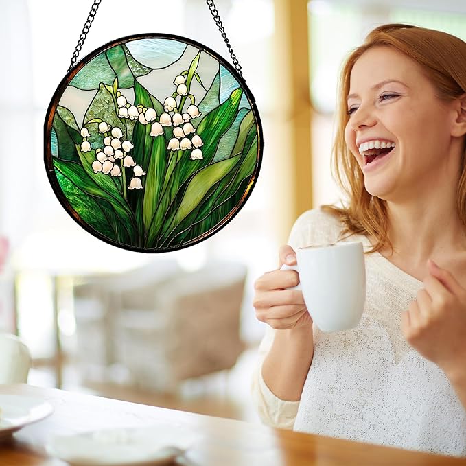 Stained Glass Window Hanging - White Green Lily of The Valley Suncatcher for Doors Garden Terrace Plant Sun Catchers Decor Mother's Day Birthday Flowers Gifts for Women Men Mom 9.8 in