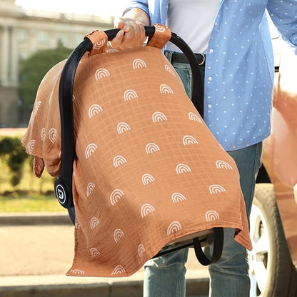 Meracorallo Muslin Baby Car Seat Cover, Boho Rainbow Infant Carrier Cover Lightweight Breathable Soft Carseat Canopy for Baby Boys and Girls