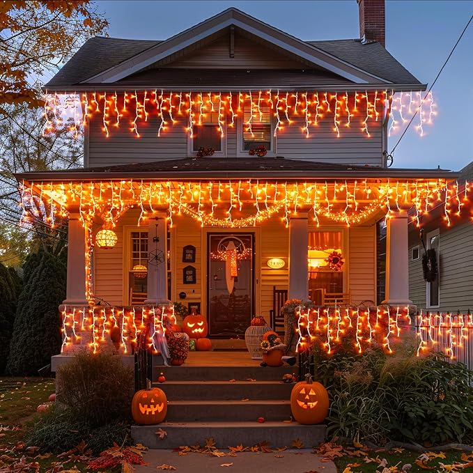 JMEXSUSS Orange Thanksgiving Lights Outdoor, 38.8 FT 400 LED Orange Icicle Lights Outdoor Waterproof, 8 Modes String Light Plug in for Fireplace Tree Garden Patio Thanksgiving Fall Halloween Decor