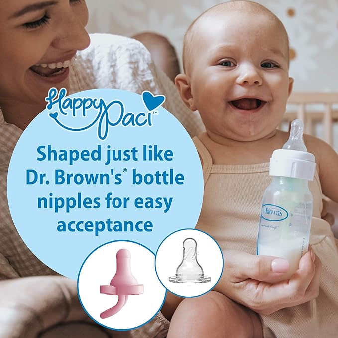Dr. Brown's HappyPaci 100% Silicone Baby Pacifier, Contoured One-Piece Design, Light-Pink, Pink, White, 0-6m, BPA-Free, 8-Pack