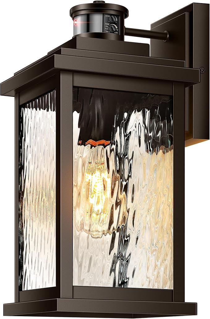 VIANIS Large Adjustable-Sensitivity Motion Sensor Outdoor Lights, Oil-Rubbed Bronze Porch Light with Tempered Ripple Glass, Aluminum Waterproof Outdoor Light Fixture, Exterior Lights for Garage