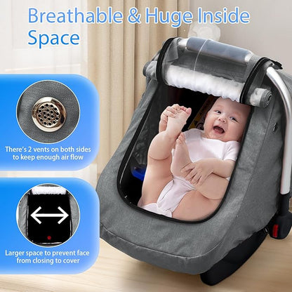 Carseat Covers Baby Boy, Waterproof Baby Car Seat Cover with 2 Layers Mesh & Sun Shade Window, Outdoor Infant Car Seat Canopy with Breathable Vents for Summer, Ideal Gift for Mom, Newborn Essentials