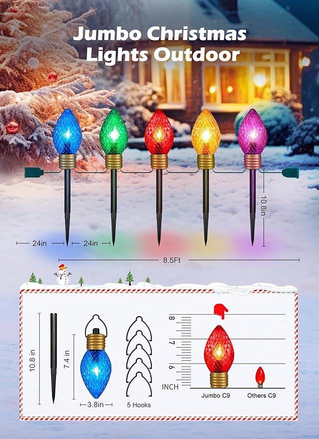 Strawberry Jumbo C9 Christmas Pathway Lights Outdoor - 8.5 Feet 5 LED C9 Christma Lights,C7 Light Covered Jumbo Multicolor Christmas Light Outdoor Decorations for Lawn Holiday Outside Yard