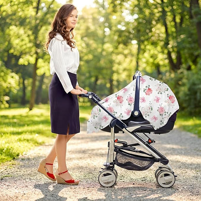 Floral Car Seat Cover Baby Girl, Soft Breathable Infant Car Seat Covers, Girl Baby Car Seat Covers, Skin-Friendly Sunscreen Nursing Stroller Cover 30" x 40"