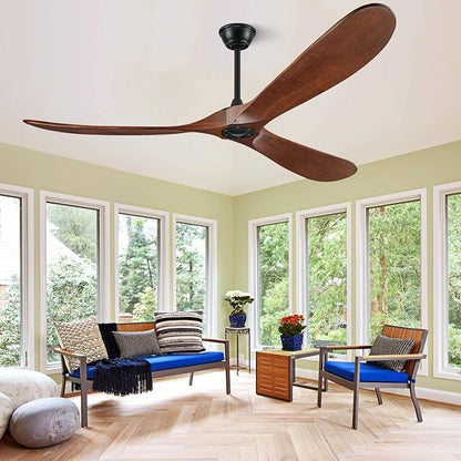 60 inch Ceiling Fan Without Light, Ceiling Fan No Light with Remote Control and Quiet DC Motor, Outdoor Fans for Patios,Solid Wood 3 Blades,ETL Listed - Dark Walnut