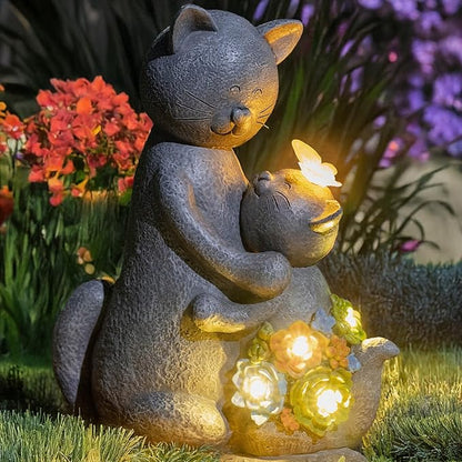 Solar Garden Statues Loving Cat Figurine Lights for Outside, Yard Decorations Outdoor, Garden Decor Unique Mothers Day Birthday Housewarming Gifts for Mom, Women