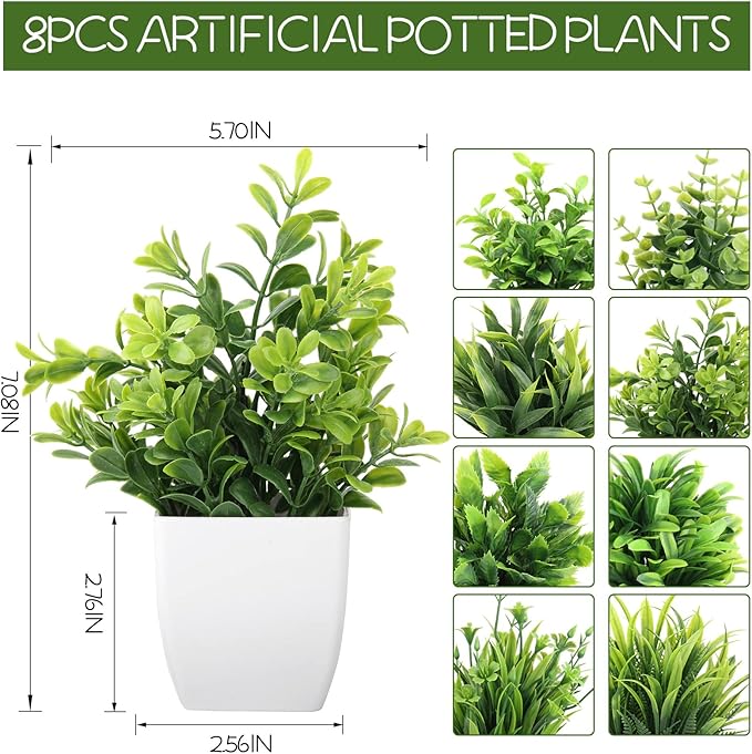 LELEE Artificial Plants Mini Fake Potted Plants, 8 pcs Small Eucalyptus Potted Faux Decorative Grass Plant with White Pot for Home Decor, Indoor, Office, Desk, Shelf, Table Decoration