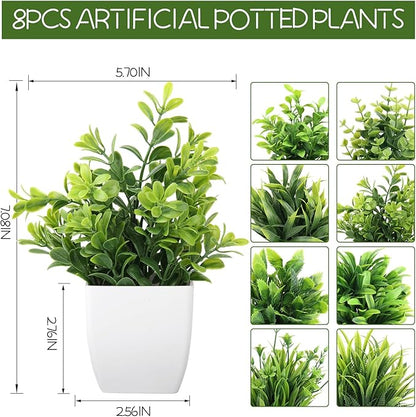 LELEE Artificial Plants Mini Fake Potted Plants, 8 pcs Small Eucalyptus Potted Faux Decorative Grass Plant with White Pot for Home Decor, Indoor, Office, Desk, Shelf, Table Decoration