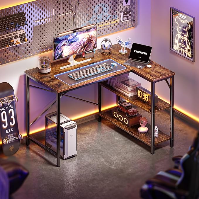 Huuger L Shaped Desk, 39 Inches Computer Desk with Reversible Storage Shelves, Gaming Desk, Corner Home Office Desks, Writing Study Desk with Metal Frame, Rustic Brown