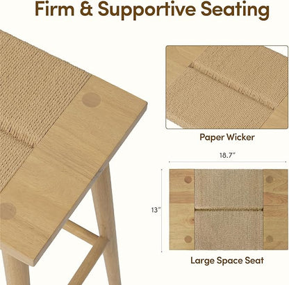 Thor Wicker Counter Height Wooden Counter Stool with Hand-Knitted Rope, K/D, Backless Island 24" Wicker Stool for Kitchen, Light Oak, Solid Wood, Eco-Friendly, Modern Design (Light Oak)