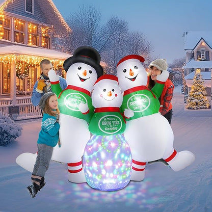 6.5FT Christmas Inflatable Snowman Decorations - Blow Up Christmas Outdoor Snowman Family with Rotating Colorful LED Light & Top Hat, Xmas Inflatable Decor for Yard Lawn Garden Holiday Party