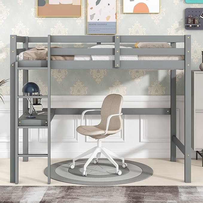 HomSof Twin Loft Bed with Built-in Desk,Grey