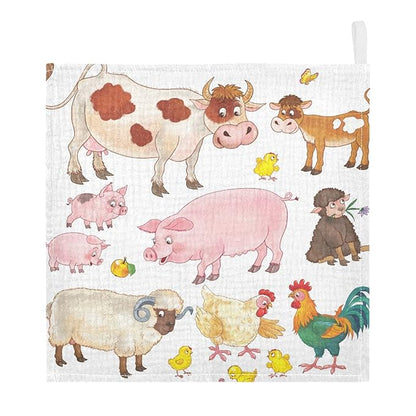Cow Pig Sheep Chick Burp Cloths for Boys Girls, 3 Pack Farmhouse Animals Muslin Washcloths, Newborn Face Bath Towel, Soft Absorbent Cotton Wash Cloth, Baby Registry, 12 x 12 Inch