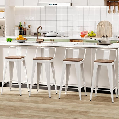 WENTMENT Metal Bar Stools Set of 4 Counter Height Stools Barstools with Removable Back 24" Kitchen Bar Stools with Wooden Seat, White