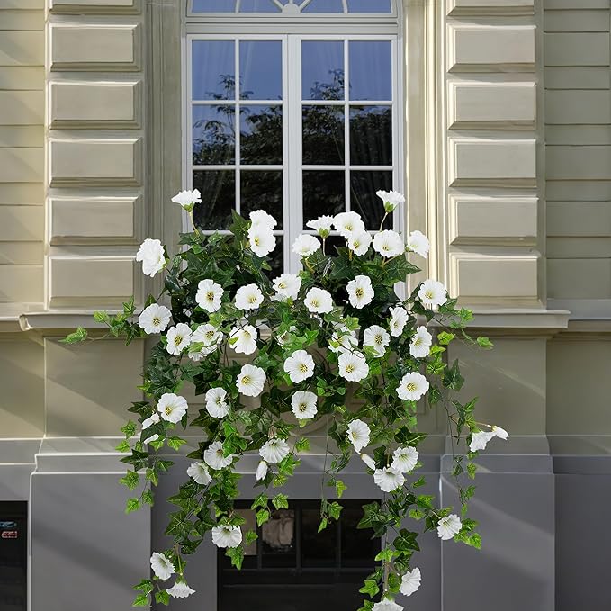 Artificial Flowers Faux Outdoor Plants Artificial Petunias for Outdoors Uv Resistant Fake Petunias Plants Hanging Flower Patio Decor Outside Basket Realistic Silk Plant No Pot(White 2pcs)
