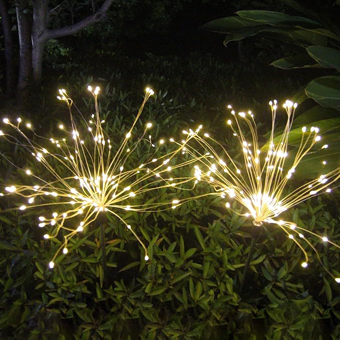 Solar Garden Firework Lights Outdoor Waterproof 2 Pack Solar Powered Art Stake Twinkle Lighting for Outside Decor, 120 LED Sparklers String Lights for Yard Party Decorations (Warm White)