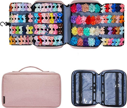 Hair Accessories Organizer for Girls, Hair Accessories Storage Bag, Hair Bow Storage Organaizer for Girls with Multi-Compartments, Baby Hair Accessories Organizer for Travel (Pink)