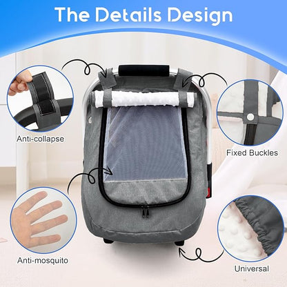 Carseat Covers Baby Boy, Waterproof Baby Car Seat Cover with 2 Layers Mesh & Sun Shade Window, Outdoor Infant Car Seat Canopy with Breathable Vents for Summer, Ideal Gift for Mom, Newborn Essentials
