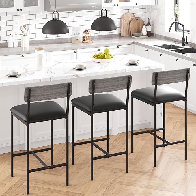 GarveeHome Bar Stools Set of 2, Upholstered Height Bar Stools with Backrest and Footrest, Kitchen Barstools for Island,Counter Bar, Easy Assembly, Rustic Gray