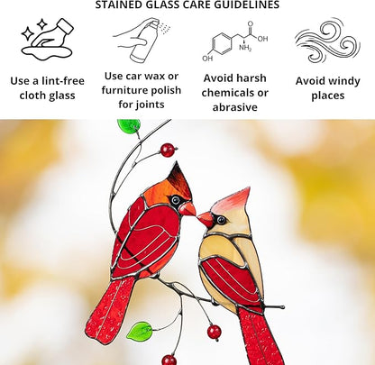 Red Northern Cardinal Birds Stained Glass Suncatcher Genuine Stained Glass Window Hangings Unique Indoor Ornament & Outdoor Decor (Style 1)