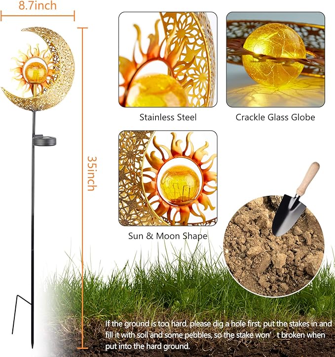 LICKLIP Garden Solar Lights Outdoor Decorative, Sun & Moon Crackle Glass Globe Metal Stake Light, Waterproof Warm White LED Light, Decorations for Pathway Lawn Patio Courtyard Backyard (1 Pack)
