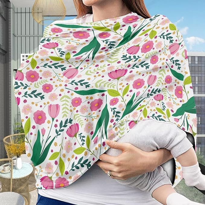 Biyejit Pink Floral Car Seat Covers for Babies, Multi-Use Cover-Silky Mom Nursing Cover Infant Breastfeeding Scarf Shopping Cart High Chair Ultra-Soft Stretchy for Boys and Girls