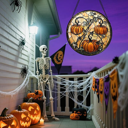 Stained Glass Window Hanging - Halloween Decoration Orange Pumpkin Vine Leaves Suncatcher for Door Garden Spooky Sun Catchers Gothic Decor Horror Gifts for Women Men Friend Boy Girl 9.8 in