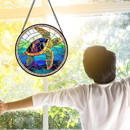 Stained Glass Window Hanging, Colored Turtle Ocean Suncatcher Diamond Glass Panel Hangings Marine Life Sun Catchers Decor for Birthday for Women, Men, Wife, Aunt, Mom 7.8 in