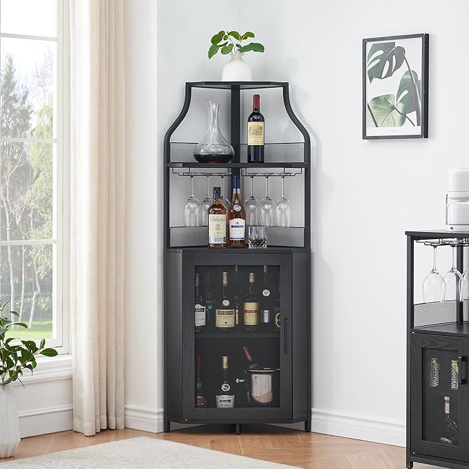 GarveeHome Corner Wine Cabinet with Detachable Wine Rack, 5-Tier Industrial Corner Bar Cabinet with Barn Door and Glass Holder, Farmhouse Buffet Cabinet and Home Bar, Black
