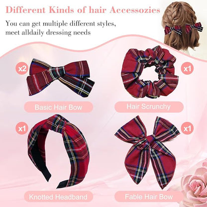 5 Pcs Plaid Headband With Hair Knotted Scrunchies Bow, Padded Holiday Headband, Hair Clips Accessories for Women and Girls (Dark Red)