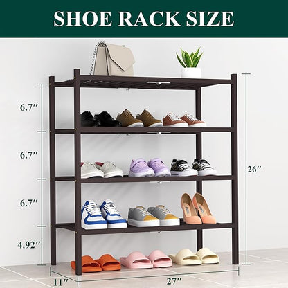 Smiry Shoe Rack, 4 Tier Thick Bamboo Shoe Organizer, Stackable Free Standing Wooden Shoe Storage Shelf for Closet, Entryway, Front Door Entrance, Brown