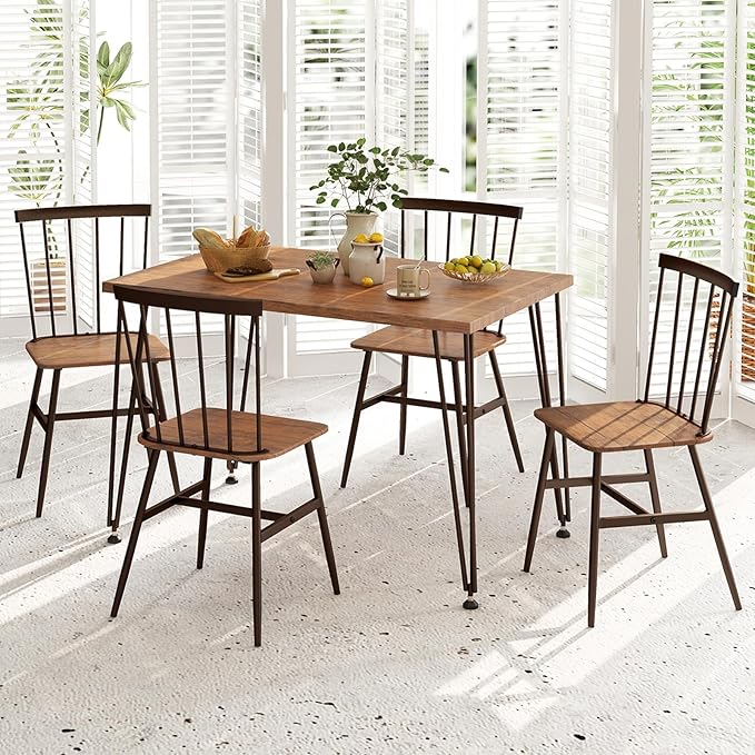 Tangkula Dining Table Set for 4, Kitchen Table and Chairs Set of 4 w/Metal Frame, 360° Swivel Feet, Space-Saving Dinette Table Set for Living Room, Restaurant, Breakfast Nook (Teak)