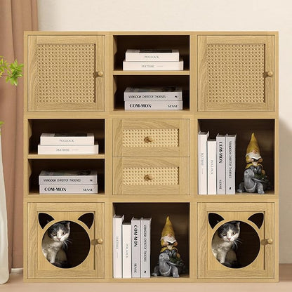 Magic DIY Cube Storage Organizer Stackable Cubes for Home Books Clothes Toy -Modular Cubby Storage System -Closet Organizer -Bookcase Closet(Yellow Oak,Cat Door Cube)