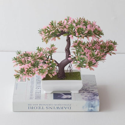 Mini Artificial Bonsai Tree Fake Plants - Artificial Plant Welcome Pine Treewith Plastic Cement Pots for Home Office Décor (Pink)