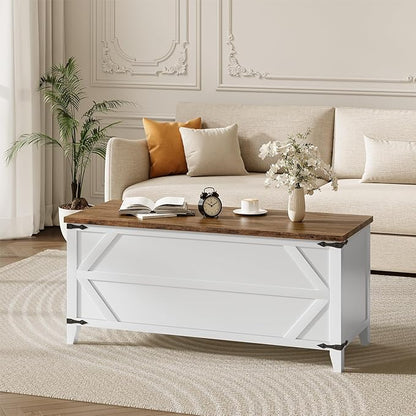 HOOBRO 47.2" Toy Box, Storage Chest with Safety Hinges, Toy Chest Storage, Wooden Storage Bench for Bedroom, Living Room, White and Walnut WH16CW01