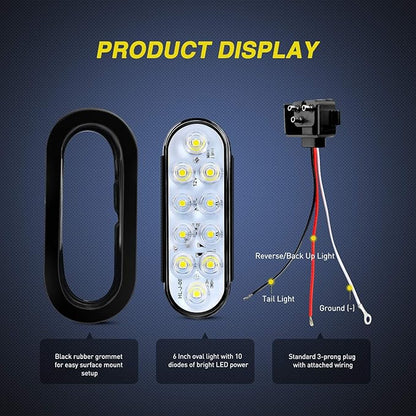 Nilight 6 Inch Oval White Trailer Tail Lights 2PCS 10 LED w/Flush Mount Grommets Plugs IP67 Waterproof Reverse/Back Up Lamp for Truck RV Camper Boat Jeep, White
