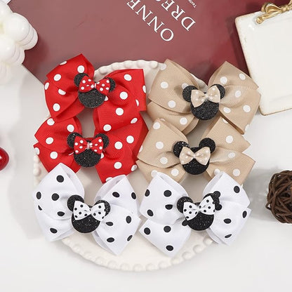3 Pairs Red White Mouse Ears Hair Bows Clips 4 Inches Hair Bow Cute Mice Ears Toddler Hair Accessories for Women Girls for Birthday Party Favor Halloween Christmas Decoration