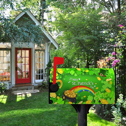 Happy St Patrick's Day Mailbox Cover Magnetic Large Size 25.5" X 21" Shamrock Clovers Rainbow Green Hat Oversized Mailbox Covers Gold Coins Patrick Mail Post Letter Box Wrap Outdoor Decor