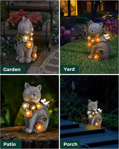 Solar Garden Statues Outdoor Decor, 6 LED Cat Flowers Butterfly Figurine Lights, Waterproof for Balcony Patio Porch Lawn Yard Ornament Art - Gift Ideas for Housewarming Gardening Grandma Women